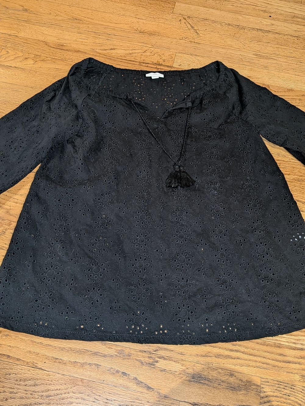 J. Jill Black Eyelet Tassel Peasant Blouse TOP SHIRT WOMENS SMALL S  $108